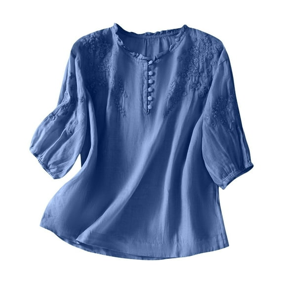 Plus Size Womens Shirts Embroidered Short Sleeve Linen Plus Size Round Neck Button Down Shirt Plus Size Tops Women Blue L