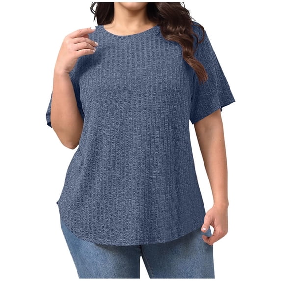 Plus Size Womens Short Sleeve Ribbed Knit Shirts Summer Casual Loose Fit Tshirts Crew Neck Basic Tunic Tops