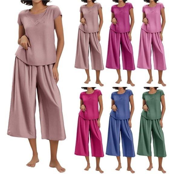 Plus Size Womens Sleepwear Set Short Sleeve Top With 3/4 Length Pants Comfortable Home Loungewear