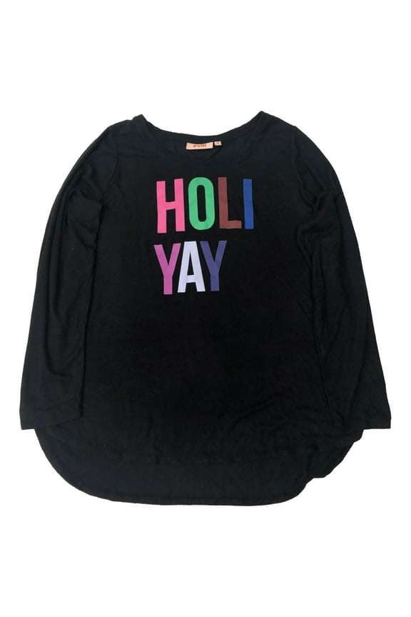 Plus Size Womens Soft Black Rainbow Holi Yay Long Sleeve Holiday Tee Shirt 3X