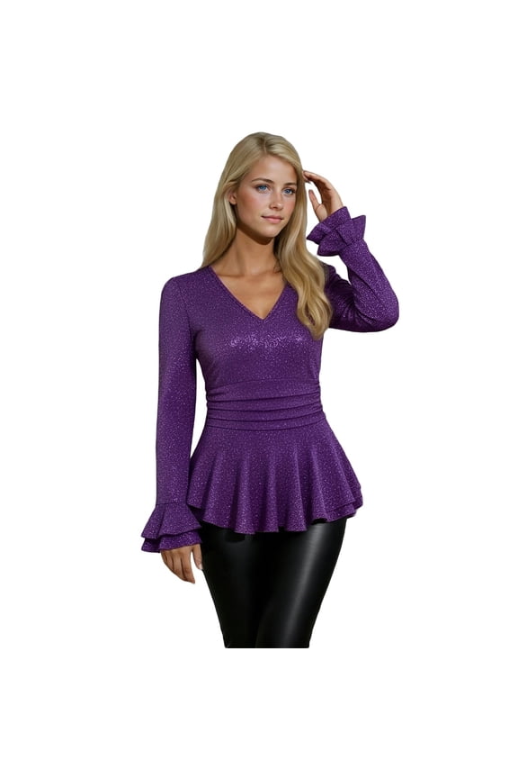 Plus Size Womens Solid Rib Knit T Shirts V Neck Long Sleeve Sheen Second Skin Fit Casual Blouse Purple L