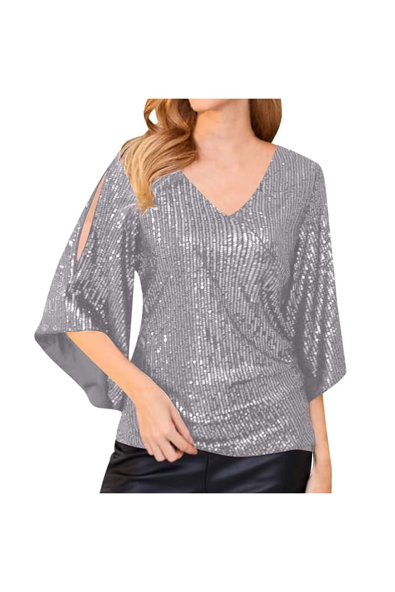 Plus Size Womens Sparkly Sequin 3/4 Sleeve Tops V-Neck Glitter Party Dressy Blouse Evening Club Concert Shirt