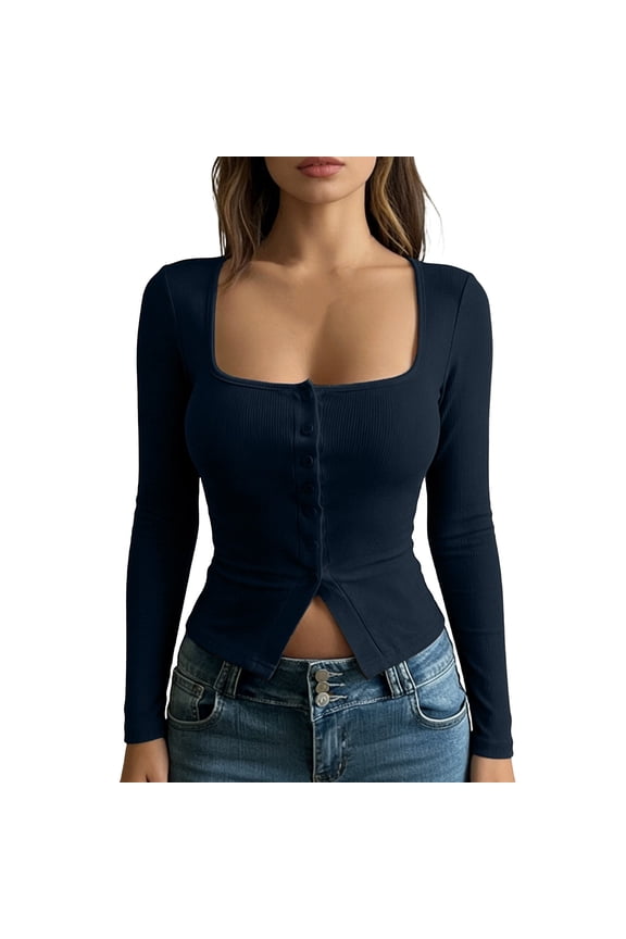 Plus Size Womens Square Neck Knit Sweater Spring Button Down Tunic Top Long Sleeve Casual Blouse Blue S