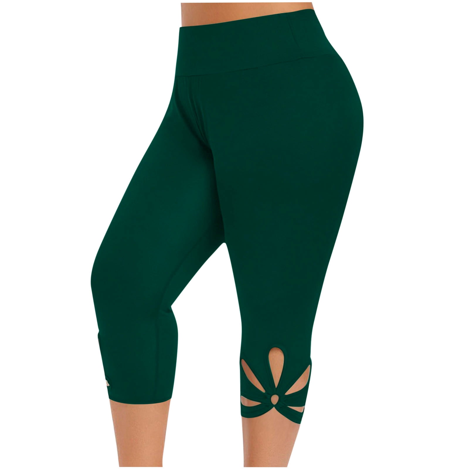 Plus Size Womens Stretch Capri Leggings Solid High Waist Printed Hollow out  Cropped Leg Yoga Pants Summer Casual Workout Trousers(XXXL,Green #3) 