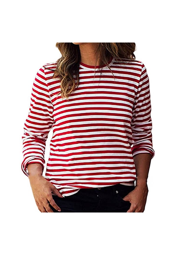 Plus Size Womens Striped Shirt Long Sleeve Crew Neck Red and White Top | Comfort Stretch Polyester Spandex Blouse for Casual Everyday Wear,Size 3XL