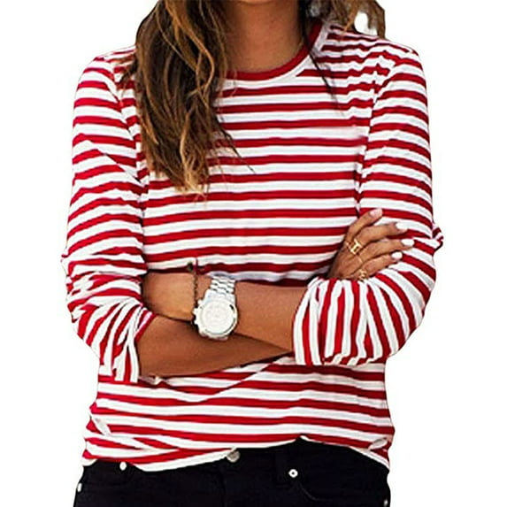 Plus Size Womens Striped Shirt Long Sleeve Crew Neck Red and White Top | Comfort Stretch Polyester Spandex Blouse for Casual Everyday Wear,Size L