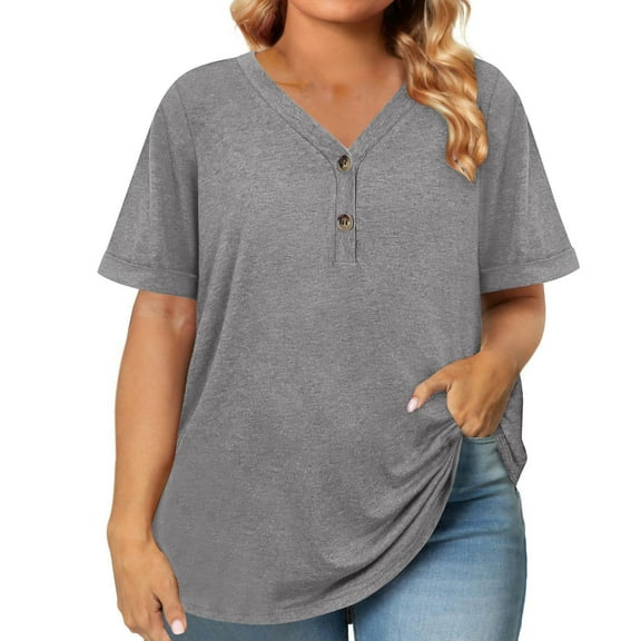 Plus Size Womens Summer Tops Trendy Button Down V Neck Shirts Short Sleeve Blouses Business Casual Loose Tunics