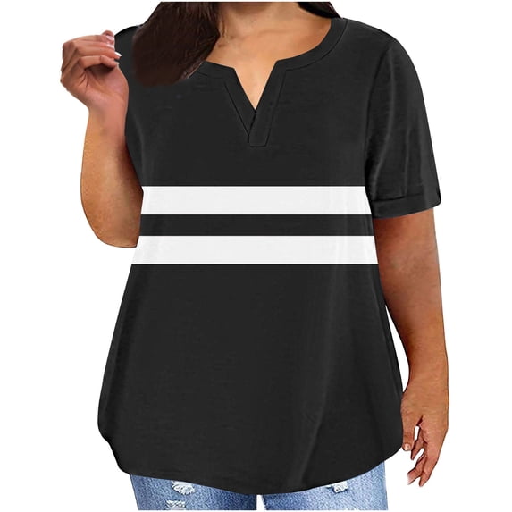 Plus Size Womens Summer Tops with Sleeves Loose Fitting Casual Striped T Shirts V Neck Graphic Tees Pullover Black, M