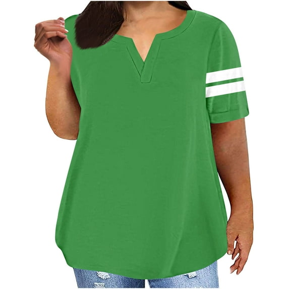Plus Size Womens Summer Tops with Sleeves Loose Fitting Casual Striped T Shirts V Neck Graphic Tees Pullover Green, 3XL