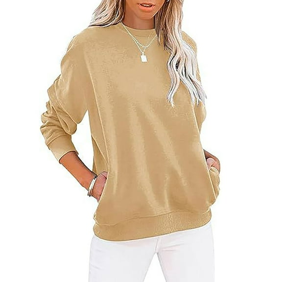 Womens Sweatshirt Crew Neck Long Sleeve Casual Sweatshirt with Pockets Khaki S