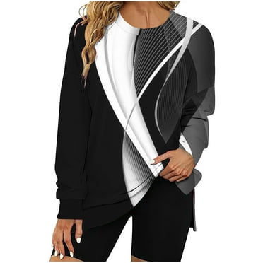 Plus Size Womens Sweatshirts Hoodless Long Sleeve Printed Casual Loose Sweatshirts Black L