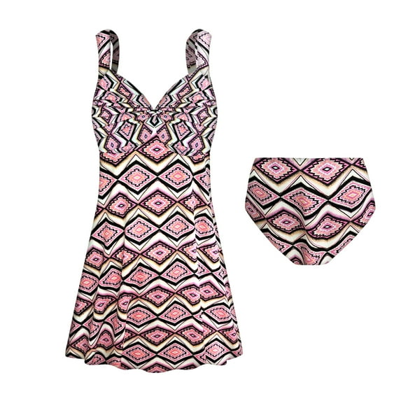 Plus Size Womens Swimsuit 0x Mandala Diamonds Two-Piece Princess Cut Swimdress in a Mandala Diamonds Print Design with Patterned Panty Bottom