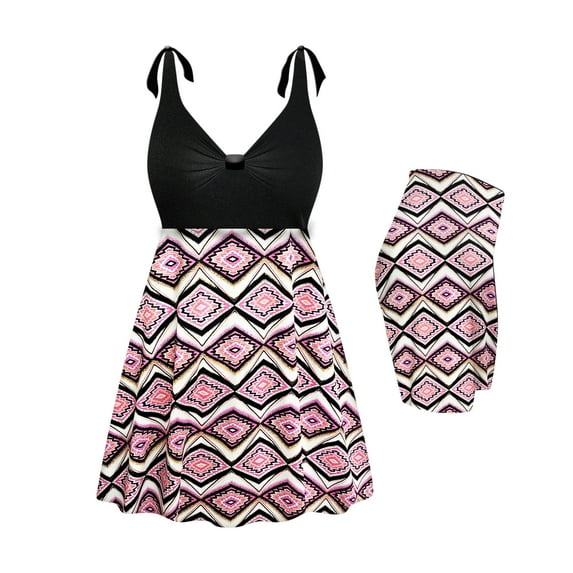 Plus Size Womens Swimsuit 0x Mandala Diamonds Two-Piece Shoulder Halter Swimsuit Solid Black Top & Mandala Diamonds Skirt with Patterned Swim Short Bottom