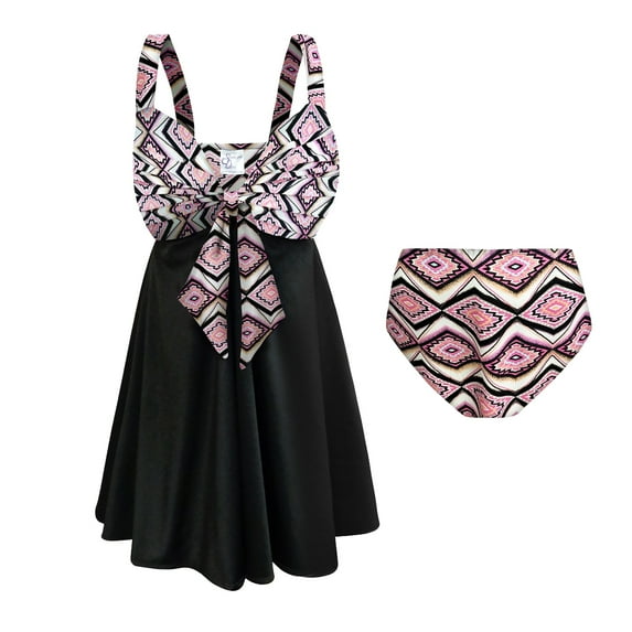 Plus Size Womens Swimsuit 1x Mandala Diamonds Two-Piece Swimdress Sweetheart Style Mandala Diamonds Front Tie Top and White Skirt with Patterned Panty Bottom