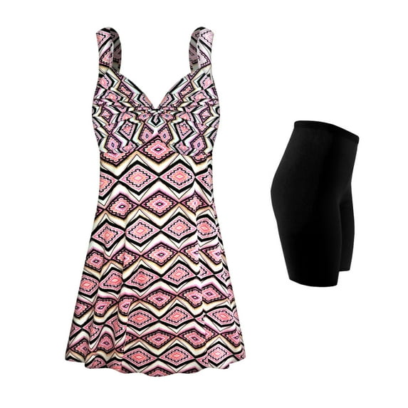 Plus Size Womens Swimsuit 2x Mandala Diamonds Two-Piece Princess Cut Swimdress in a Mandala Diamonds Print Design with Solid Black Swim Short Bottom