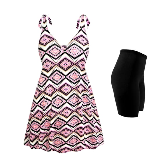 Plus Size Womens Swimsuit 3x Mandala Diamonds Two-Piece Shoulder Halter Swimsuit with Solid Black Swim Short Bottom