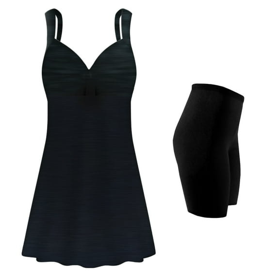 Plus Size Womens Swimsuit 7x Dark Denim Two-Piece Princess Cut Swimdress in a Dark Denim with Solid Blue Swim Short Bottom