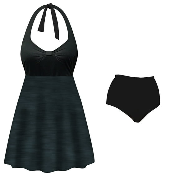 Plus Size Womens Swimsuit 9x Dark Denim Two-Piece Halter Swimsuit Solid Blue Top & Dark Denim Skirt with Solid Blue Panty Bottom