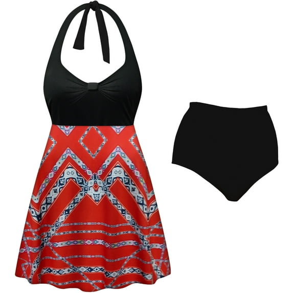 Plus Size Womens Swimsuit 9x Orange Fractal Skirt Print Black Top Two-Piece Halter Swimsuit