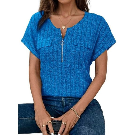 Plus Size Womens Tops 1/4 Zip Up Short Sleeve Tunics Royal Blue XXL