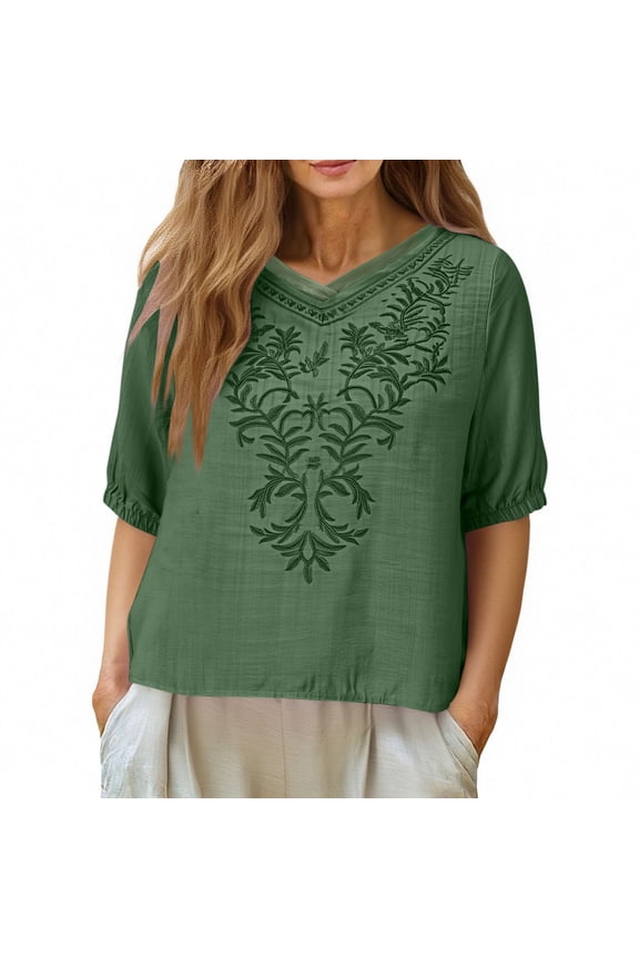 Plus Size Womens Tops 3/4 Sleeve Cotton Linen Shirts for Women 2026 Summer Tops Retro Embroidered Boho Tops Dressy Casual Trendy Vacation Blouse Plus Size Clothes For Women