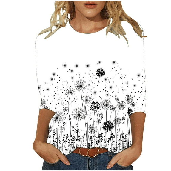 Plus Size Womens Tops 3/4 Sleeve Shirts Round Neck Loose Casual Blouses Floral Print Tunic Tshirts