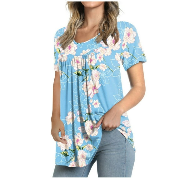 Plus Size Womens Tops Clearance Women's Crew-Neck Short Sleeve Print Tops Hide Belly Tunic Shirts Dressy Casual Flowy Blouse