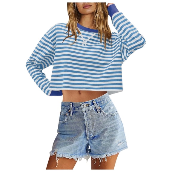 Plus Size Womens Tops Fall Winter Slim Fitted Crew Neck Long Sleeve Rolled One Shoulder Cropped Striped Crop Cotton Tunic Tops(Light Blue,L)