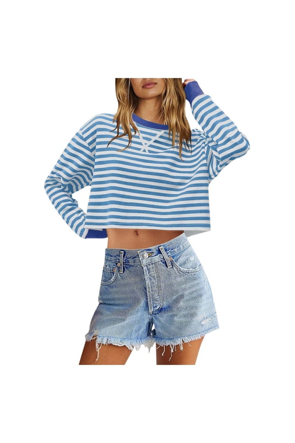 Plus Size Womens Tops Fall Winter Slim Fitted Crew Neck Long Sleeve Rolled One Shoulder Cropped Striped Crop Cotton Tunic Tops(Light Blue,L)