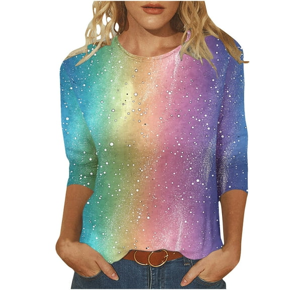 Plus Size Womens Tops Fashion Glitter Print 3/4 Sleeve T Shirts Going Out Casual Basic Tees Blouses