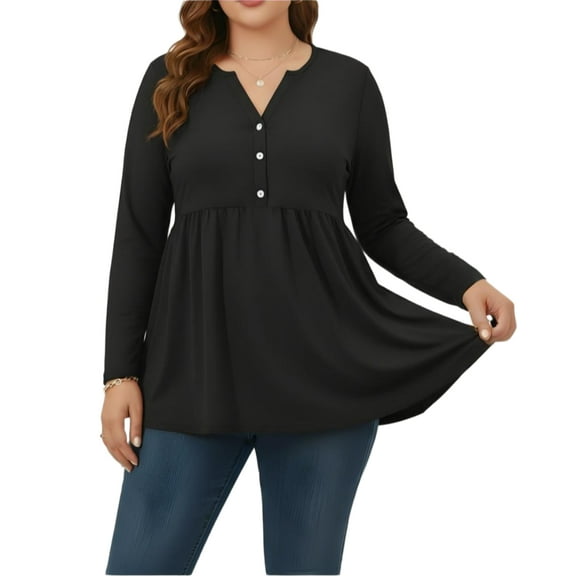 Plus Size Womens Tops Long Sleeve Shirt Solid Color Dress Tops Women's Fall Shirts Black, Size L to 3XL