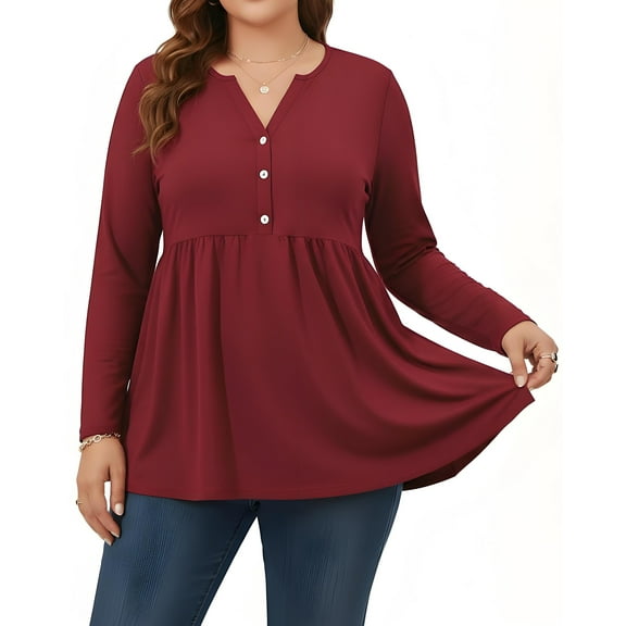 Plus Size Womens Tops Long Sleeve Shirt Solid Color Dress Tops Women's Fall Shirts Red, Size L to 3XL