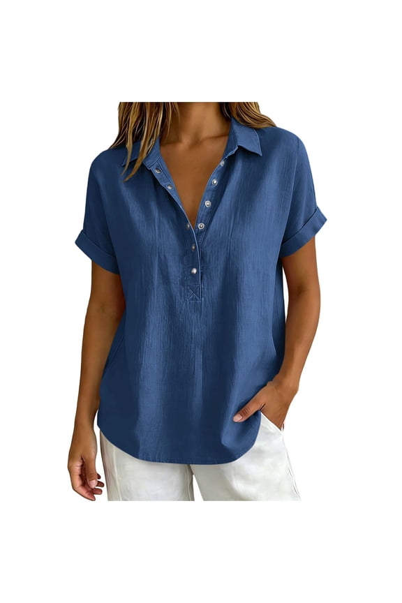 Plus-Size Womens Tops Solid Cotton Linen Collared Partial Button Popover Blouse Short Sleeve Loose Shirts S-3XL