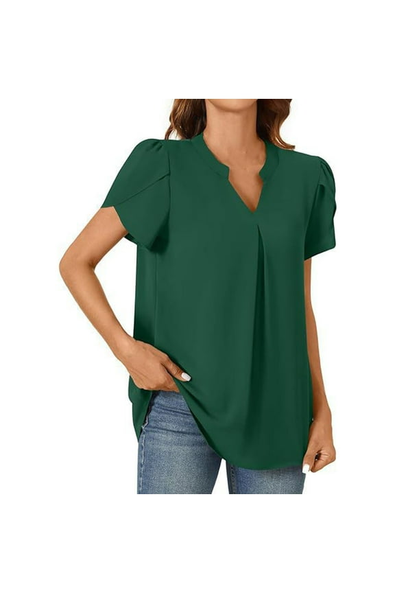 Plus Size Womens Tops Spring Top for Women, Womens Dressy Chiffon Blouses Summer Casual T-Shirts Petal Short Sleeve V Neck Tunic Tops for Leggings