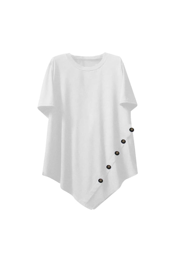Plus Size Womens Tops with Buttons Crew Neck Solid Color Short Sleeve T-shirts High Low Hem Casual Boho Clothes (5XL, White)