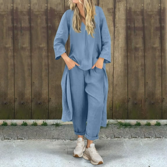Plus Size Womens Two Piece Sets, Summer Casual Loose Outfits High Low Blouse Wide Leg Pants Sets Loungewear Set with Pockets Going out Outfits Light Blue XL