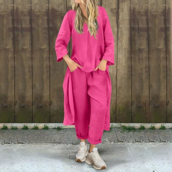 Plus Size Womens Two Piece Sets, Summer Casual Loose Outfits High Low Blouse Wide Leg Pants Sets Loungewear Set with Pockets Womens Business Outfits Purple M