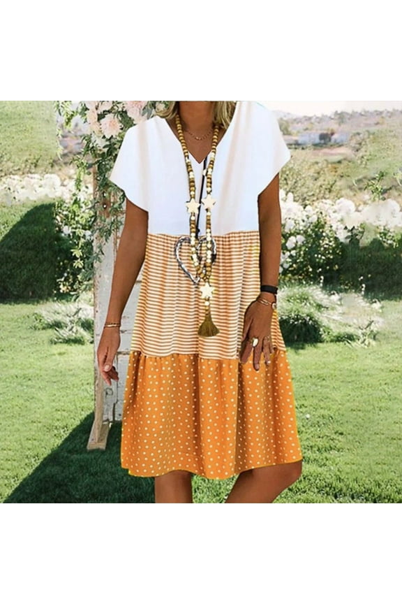 Plus Size Womens V Neck Dresses Short Sleeve Casual Summer Tiered Loose Fitted Splicing Shift Midi Dress