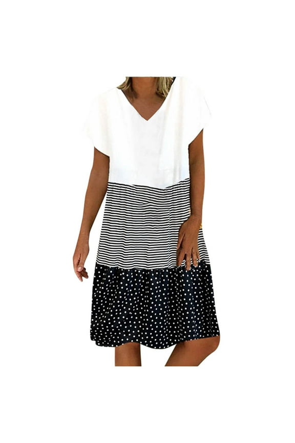 Plus Size Womens V Neck Dresses Short Sleeve Casual Summer Tiered Loose Fitted Splicing Shift Midi Dress