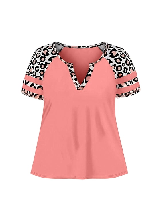 Plus Size Womens V Neck T-Shirt, Leopard Print Short Sleeve Casual Top, Flattering Loose Fit Blouse (Pink, Size XXXL)
