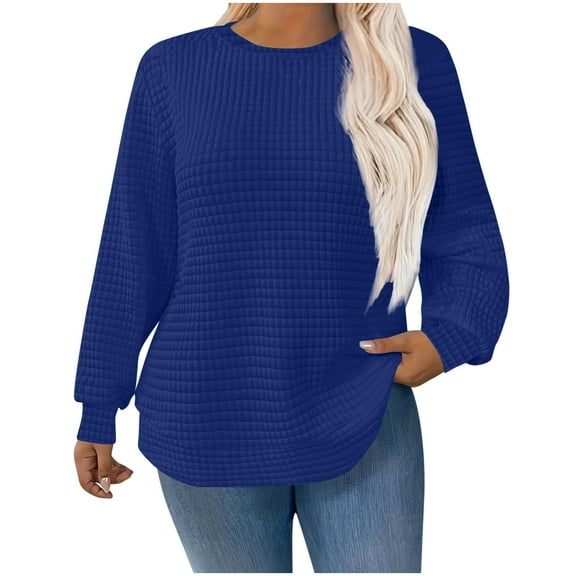 Plus Size Womens Waffle Knit Sweatshirts Casual Loose Long Sleeve Crewneck Pullover Tops Fall Fashion Shirts Blouses Curved Hem