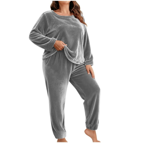 Plus Size Womens Winter Fluffy Pajamas Set Warm Fleece Pullover Tops Long Pants Plush Sleepwear Loungewear Home Wear