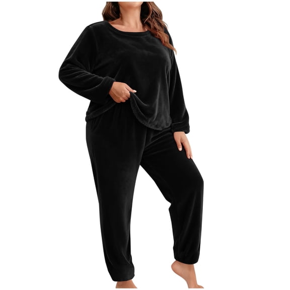 Plus Size Womens Winter Fluffy Pajamas Set Warm Fleece Pullover Tops Long Pants Plush Sleepwear Loungewear Home Wear