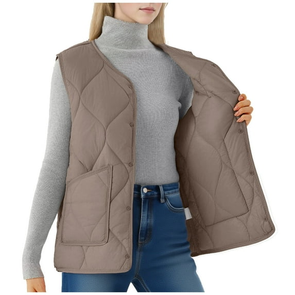 Plus Size Womens Winter Quilted Vest Fleece Fall Warm Sleeveless Jackets Button Down Puffer Padded Gilet Outerwear Khaki, 4XL