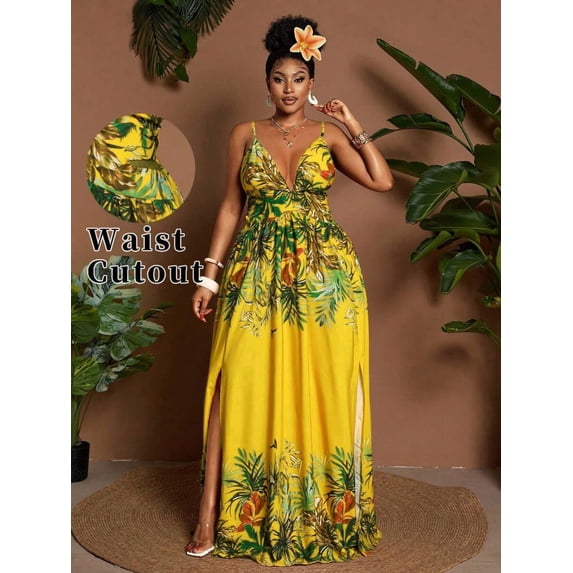 Plus Size Womens Yellow V-Neck Sleeveless Tropical Print Maxi Dress With Waist Cutout