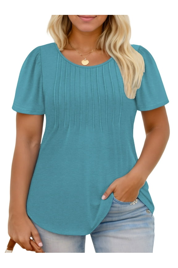 Plus Size Work Tops for Women Casual Short Puff Sleeve Shirts Fashion Crew Neck Tunics Ladies Casual Pleated Tees 4XL Turquoise