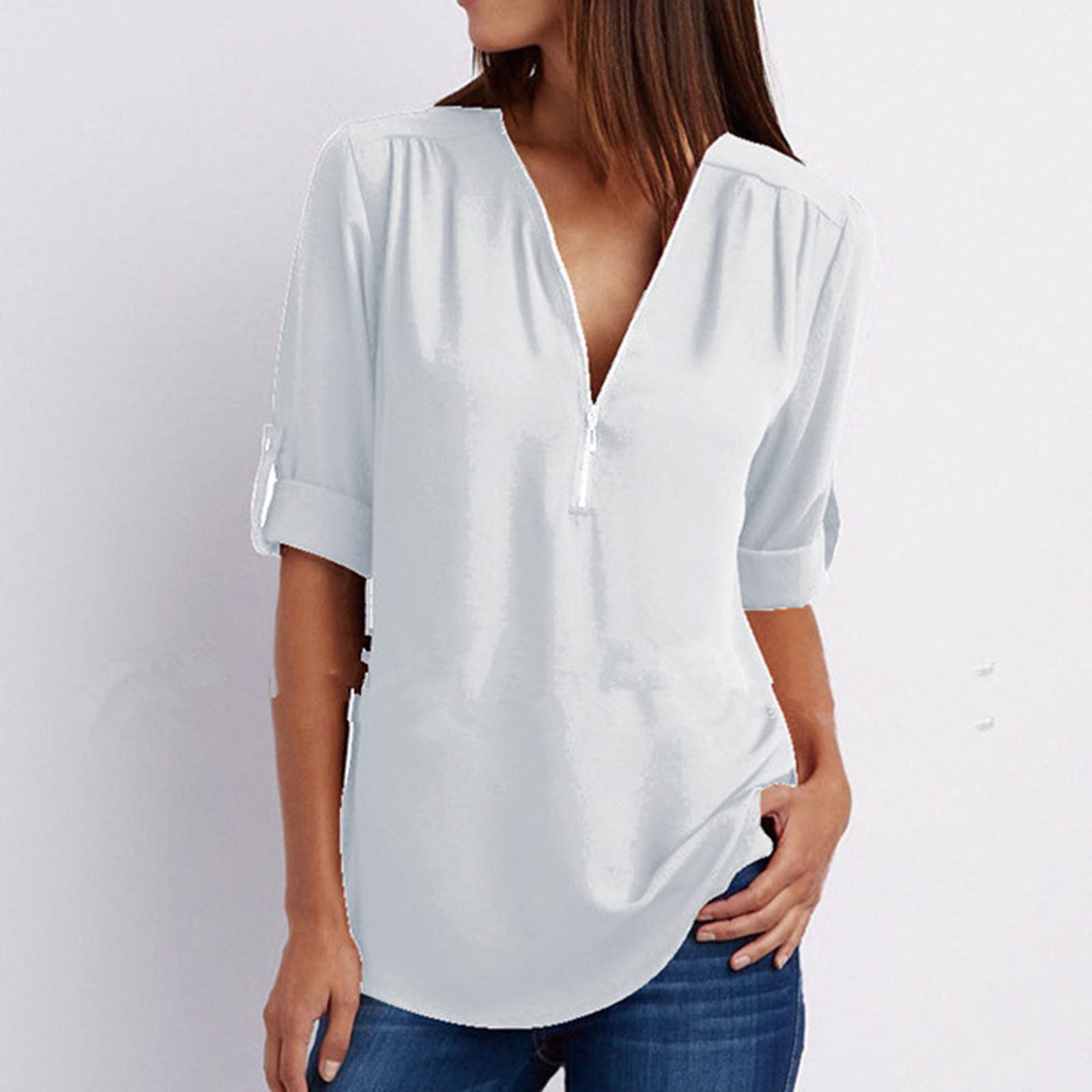Plus Size Work Tops for Women V Neck Chiffon Half Zip up Tunic Shirts Long  Cuffed Sleeve Loose Casual Work Office Blouses Top 