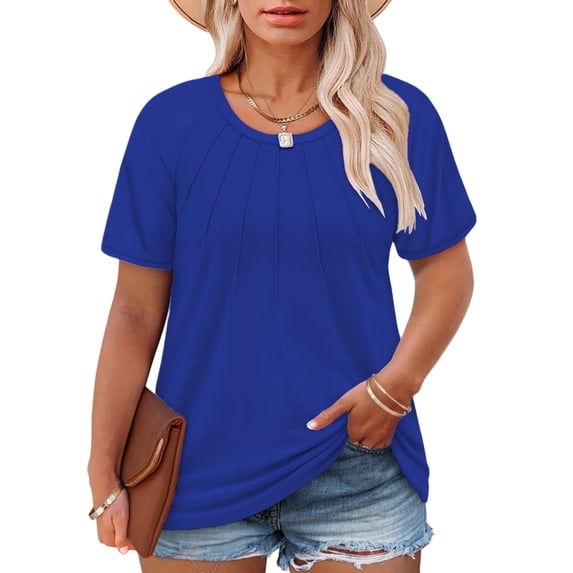 Plus Size Workout Tops Ladies Solid Color Shirts Going Out Pleated Tunics Loose Fit Flattering Round Neck Tees 3X Royal Blue