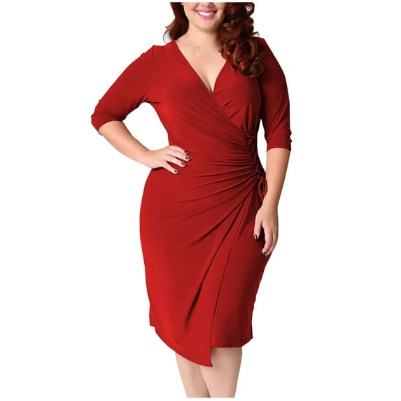Plus Size Wrap Dresses for Cocktail Party, Womens Sexy V Neck Bodycon Wrap Dress Long/Short Sleeve Midi Sheath Dress