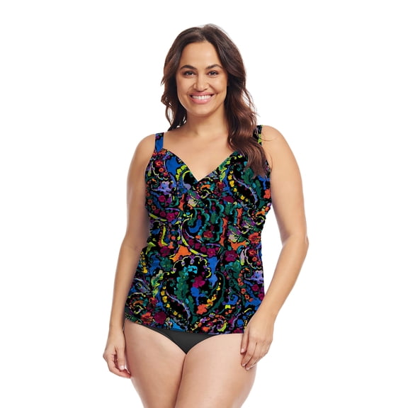 Plus Size Wrap Front Tankini Top in Mediterranean Paisley Black